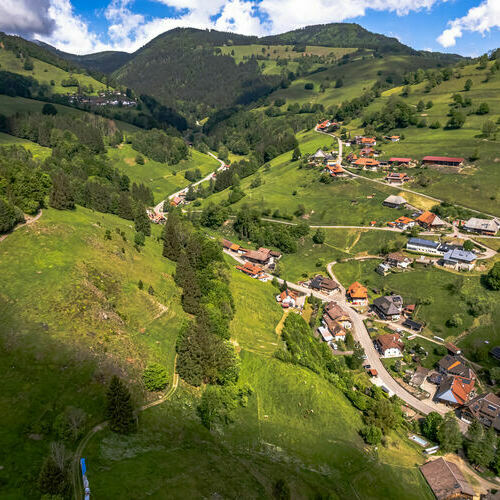 Blick in Richtung Belchen und auf den Ortsteil Holzinshaus, links oben im Bild zu erkennen. 