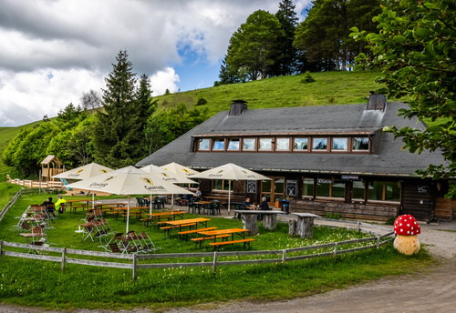 Dieses Foto zeigt das Almgasthaus Knpflesbrunnen mit deren Sonnenterasse