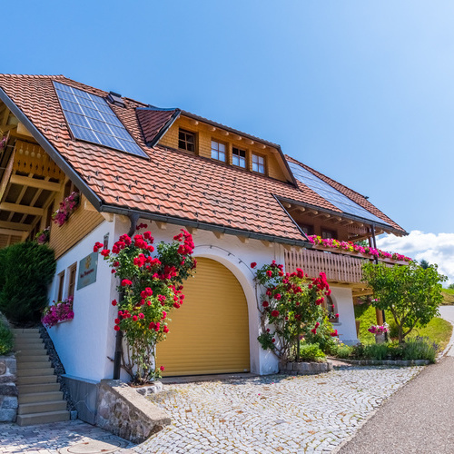 Vorplatz und Eingangsbereich des Hauses mit blühenden Rosensträucher am Haus  - 