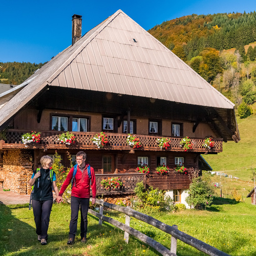 Schwarzwaldhaus in Rollsbach mit Wanderpaar im Vordergrund - Schwarzwaldhaus in Rollsbach mit Wanderpaar im Vordergrund -
