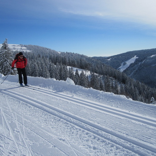 Ein Mann mit Langlaufskier in einer Langlaufspur - Ein Mann mit Langlaufskier in einer Langlaufspur -