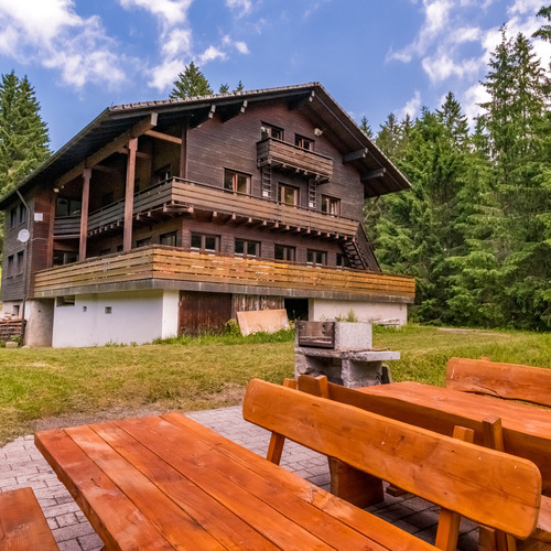 Außenbereich mit Holztische und Bänke sowie ein gemauerter Grill im Hintergrund das Haus Bergried umgeben von grünen Bäumen - Außenbereich mit Holztische und Bänke sowie ein gemauerter Grill im Hintergrund das Haus Bergried umgeben von grünen Bäumen -