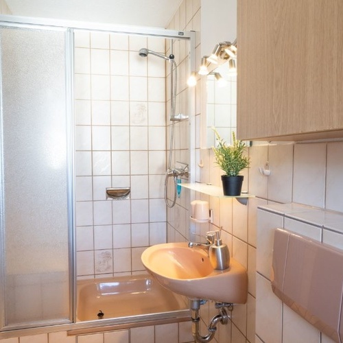 Badezimmer mit Dusche und Wachbecken  - 