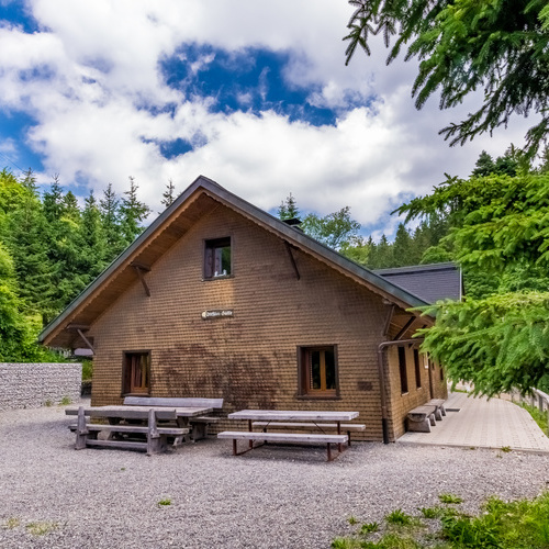 Außenansicht der Hütte mit Vorplatz mit zwei großen Holztischen und Bänken - Außenansicht der Hütte mit Vorplatz mit zwei großen Holztischen und Bänken -