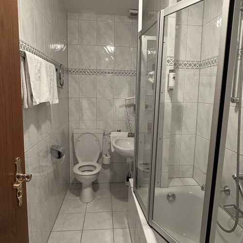 Badezimmer mit Dusche, WC und Waschbecken - Badezimmer mit Dusche, WC und Waschbecken -